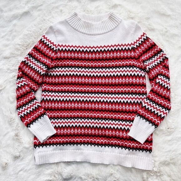 Talbots Wool Blend Fair Isle Nordic Winter Mock Neck Sweater Red White Small Pet - Picture 1 of 10